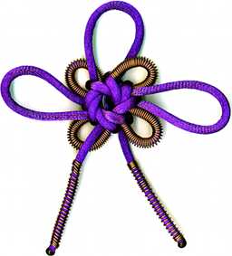 purple octagonal flower knot with glass bead and coiled copper wire accents