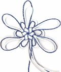 hexagonal good
	luck knot tied in white and glitter blue cord